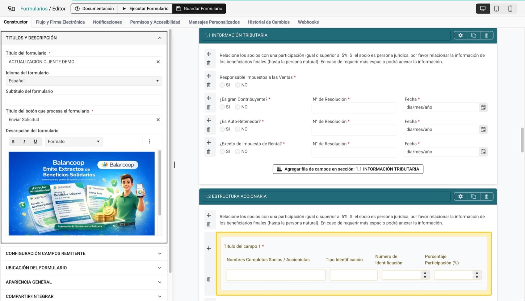 Editor de formularios con sus pestañas de constructor, flujo y firma electrónica, notificaciones, permisos y webhooks