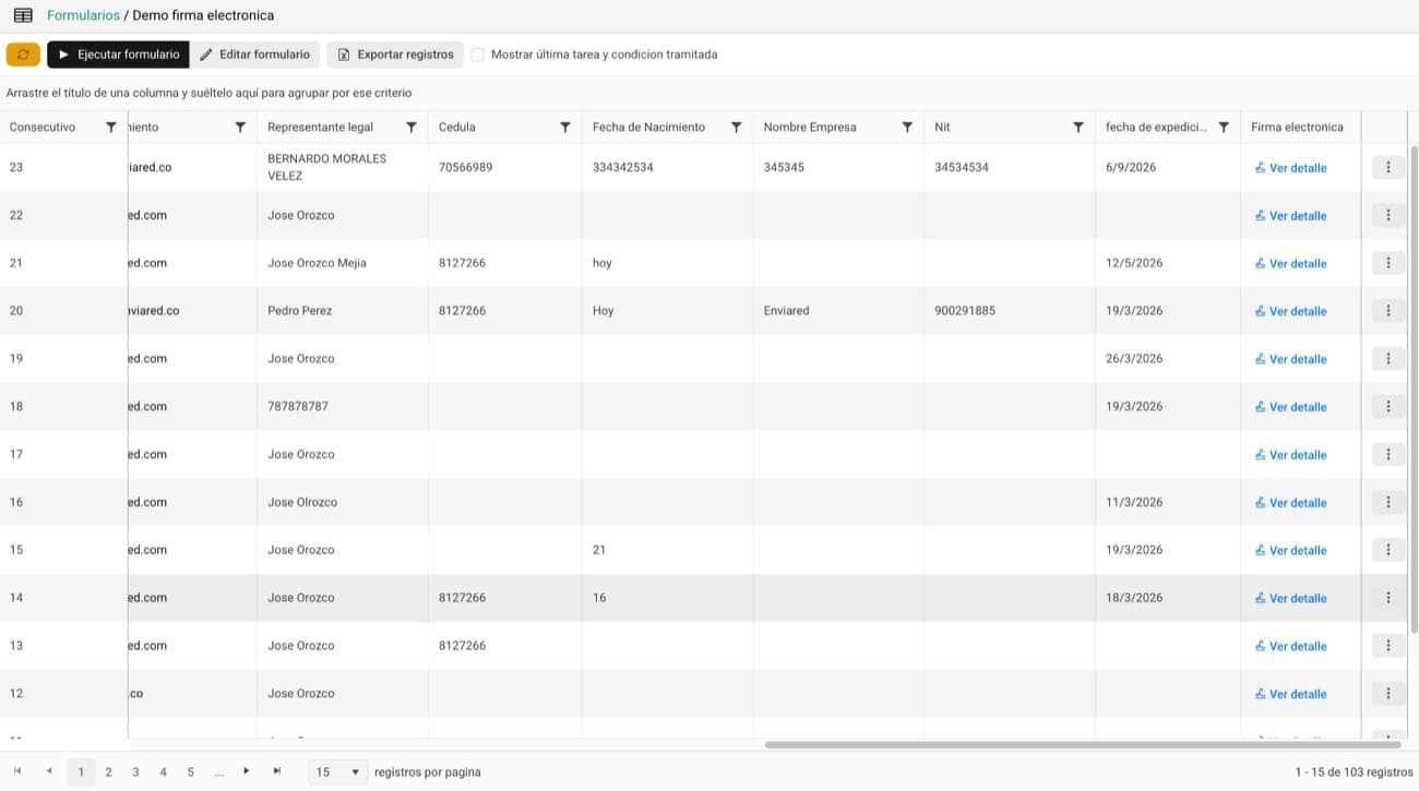 Visor de registros de un formulario, agrupable, filtrable y exportable
