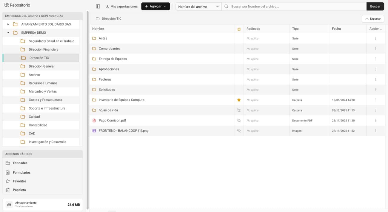 Repositorio con carpetas y series por dependencia